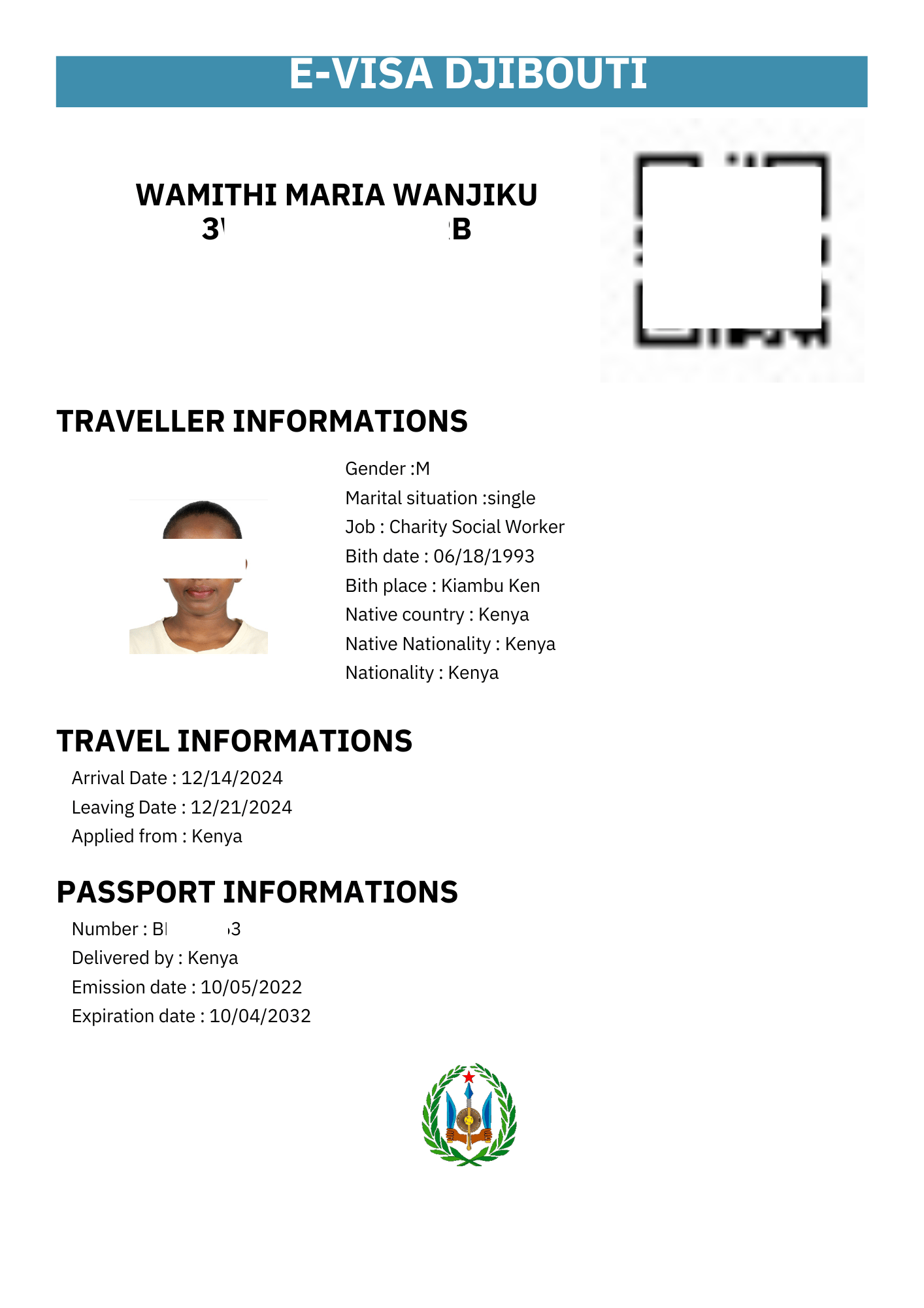Djibouti Urgent eVisa Sample