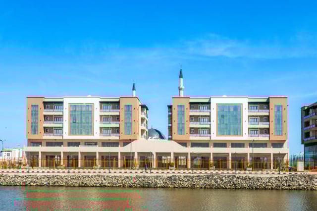 Djibouti city modern residential complex central district with mosque in the background, Djibouti