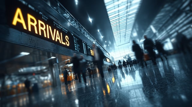 A Bustling Airport Arrivals Hall Featuring Blurred Travelers