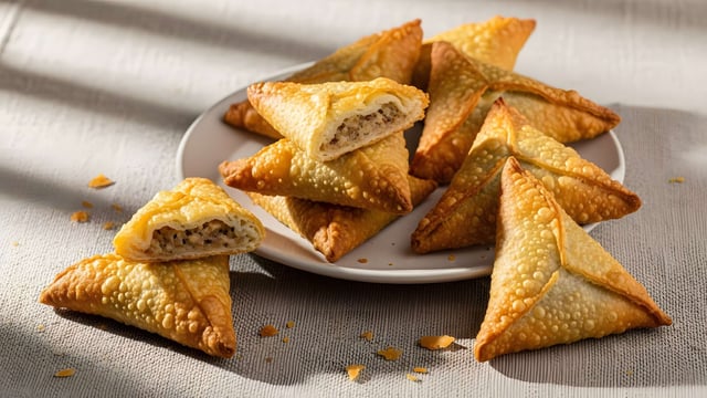 A Plate Piled High With Golden Brown Triangular Fried Pastries