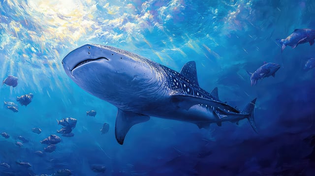 A Striking Image Of A Whale Shark Gliding Through The Crystal Clear Blue Ocean