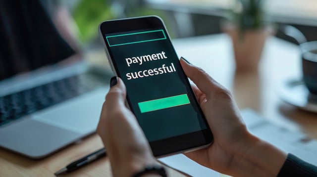 A Woman Is Holding A Cell Phone That Says Payment Successful On It
