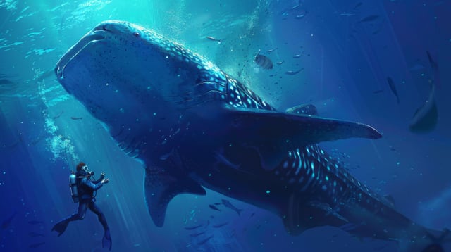 An Adventurous Diver Coming Face To Face With A Massive
