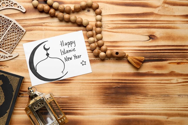 Card with text HAPPY ISLAMIC NEW YEAR