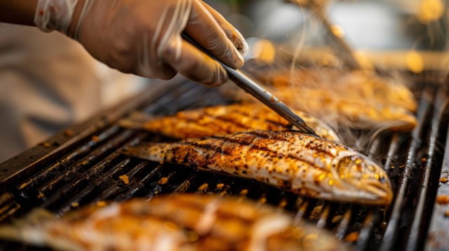 Chef Basting Fish Fillets With Marinade While Grilling
