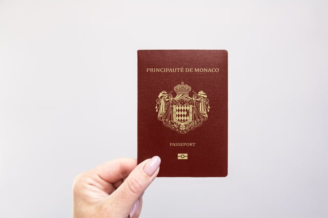 Close Up Of A Monaco Passport Held In Hand Against A Plain White Background