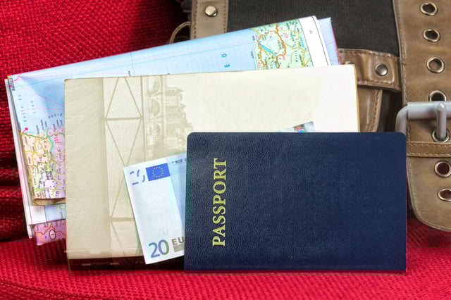 Close Up Of A Traveling Documents Passport Ticket Map And Money