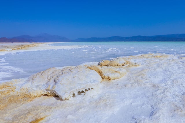 Close Up View To The Salt Pieces On The Coast Line Of The Lake Assal