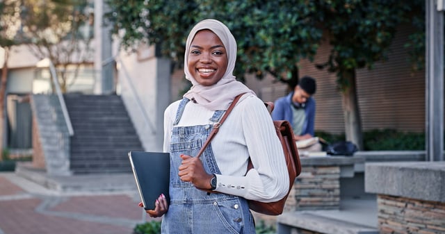 College Campus And Portrait Of Muslim Girl With Smile