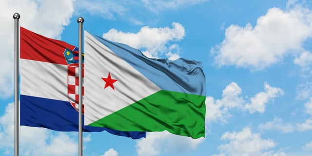 Croatia And Djibouti Flag Waving In The Wind Against
