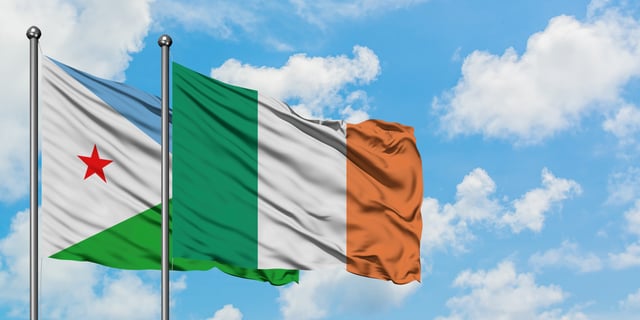 Djibouti And Cote Divoire Flag Waving In The Wind Against White Cloudy