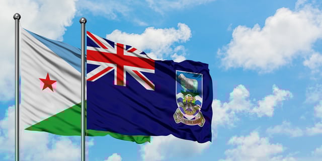 Djibouti And Falkland Islands Flag Waving In The Wind