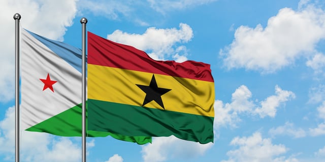 Djibouti And Ghana Flag Waving In The Wind Against
