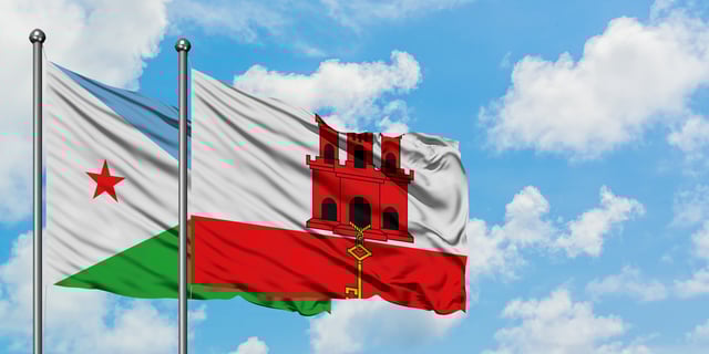 Djibouti And Gibraltar Flag Waving In The Wind Against