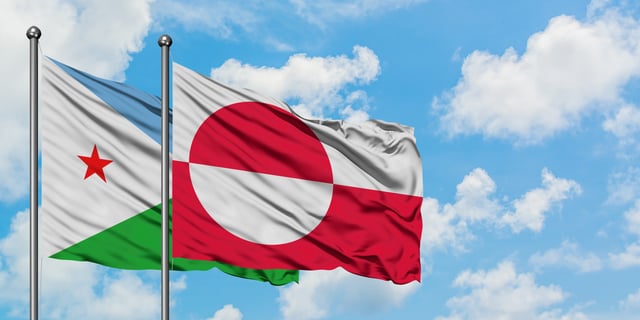 Djibouti And Greenland Flag Waving In The Wind Against White Cloudy Blue