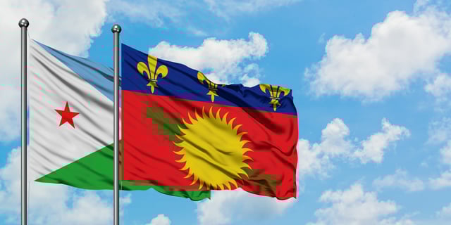 Djibouti And Guadeloupe Flag Waving In The Wind Against