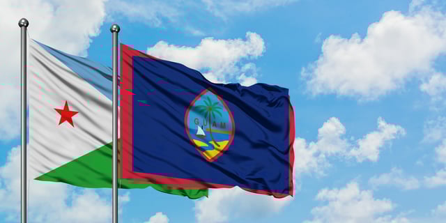 Djibouti And Guam Flag Waving In The Wind Against White Cloudy