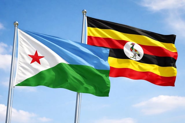 Djibouti and Uganda flags waving together