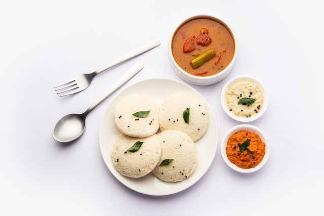 Idly Sambar Or Idli With Sambhar And Green Red