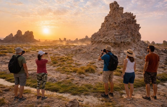 Lake Abbe landscape with tourists at sunset