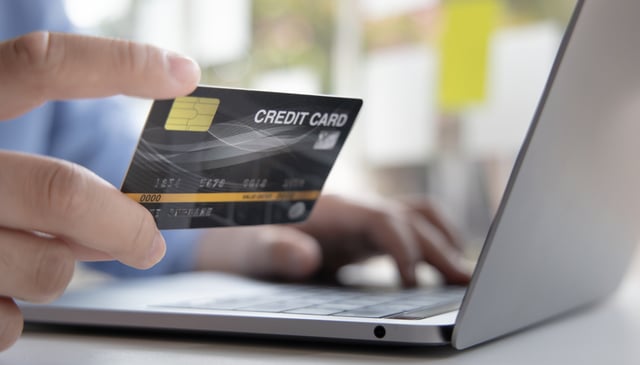 Online Product Purchase Businessman Use Laptop Register Via Credit Cards