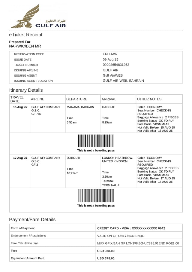 Onward Flight Ticket Sample