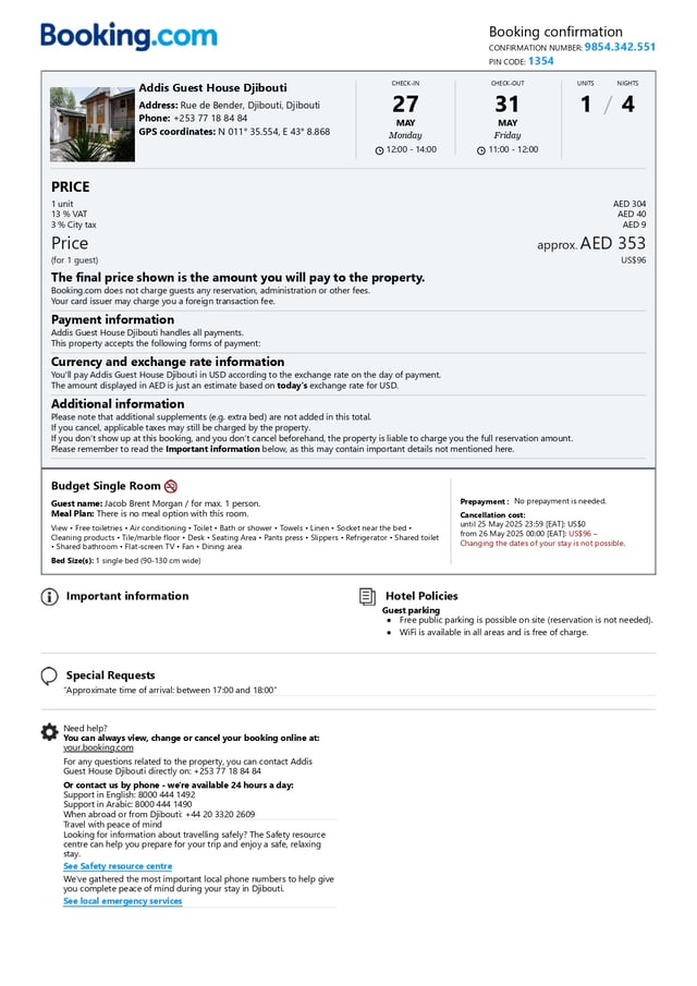 Sample of Confirmed Hotel Booking