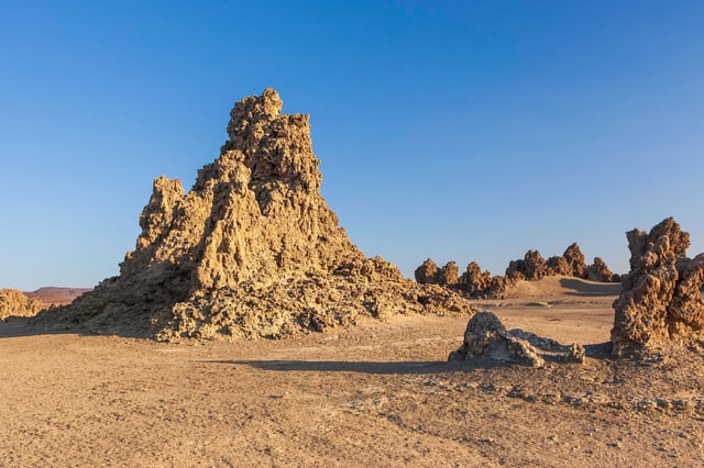 Sizzling Limestone Chimney In The Morning Sun At Lake Abhe Bad