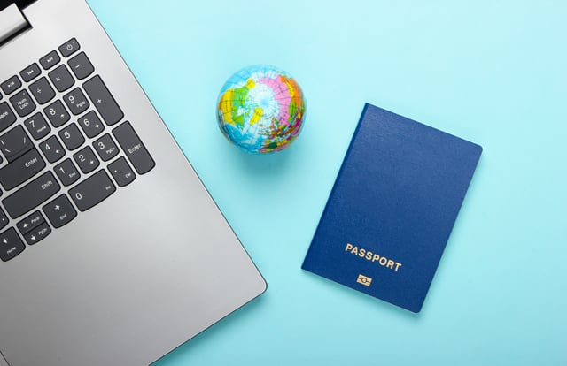 Travel Still Life Online Booking Emigration Laptop Globe And Passport