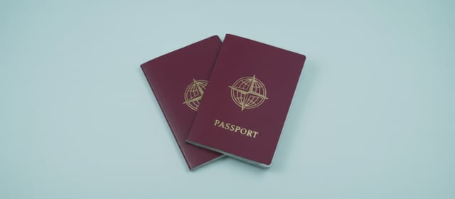 Two Identical Burgundy Passports With A Golden Globe Emblem And Passport