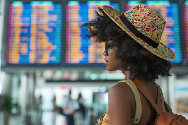 Young Black Woman Checking Flight Schedules At Airport