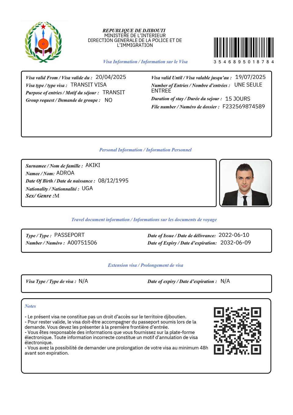 Djibouti Transit E Visa Sample Image