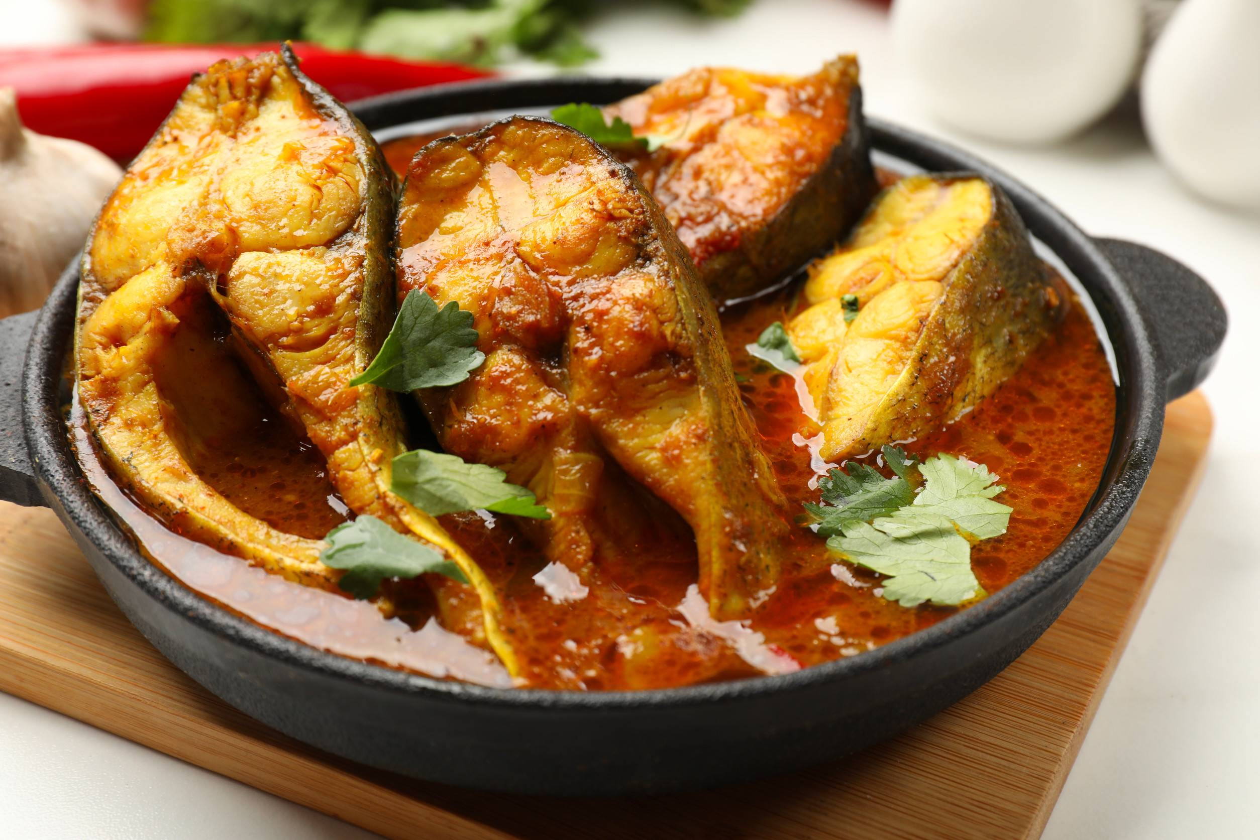Tasty Fish Curry On Table Closeup Indian Cuisine